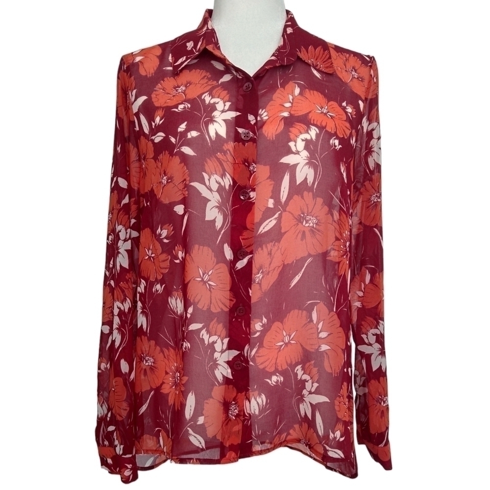 Cabi 3766 Hothouse Red Orange Floral Button-Up Blouse Sheer Lightweight Modern